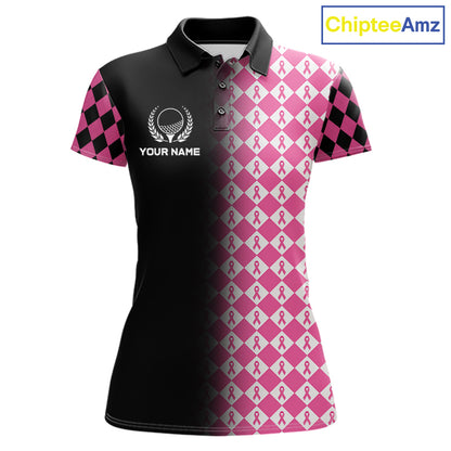 Custom Black & Pink Ribbon Argyle Pattern Golf Polo Shirt For Women Breast Cancer Golf Team Shirt NYN4225