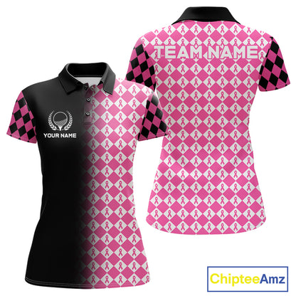 Custom Black & Pink Ribbon Argyle Pattern Golf Polo Shirt For Women Breast Cancer Golf Team Shirt NYN4225