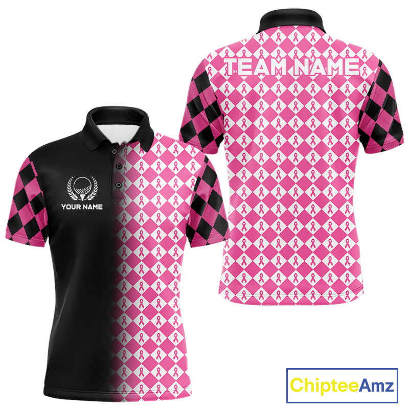 Custom Black & Pink Ribbon Argyle Pattern Golf Polo Shirt For Men Breast Cancer Golf Team Shirt NYN4225