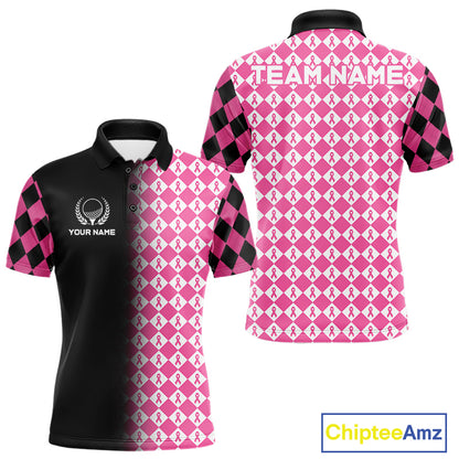 Custom Black & Pink Ribbon Argyle Pattern Golf Polo Shirt For Men Breast Cancer Golf Team Shirt NYN4225