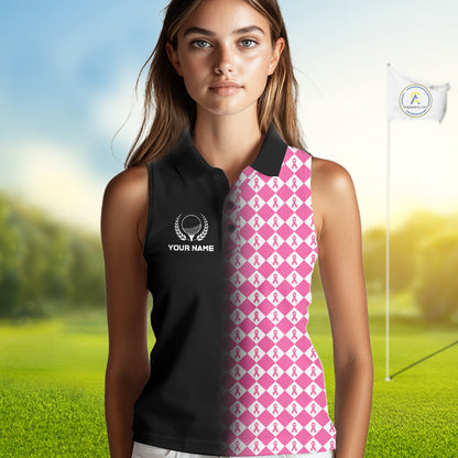 Custom Black & Pink Ribbon Argyle Pattern Golf Sleeveless Polo Shirt For Women Breast Cancer Golf Team Shirt NYN4225