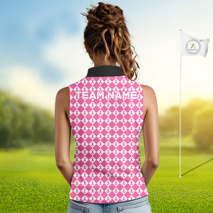 Custom Black & Pink Ribbon Argyle Pattern Golf Sleeveless Polo Shirt For Women Breast Cancer Golf Team Shirt NYN4225