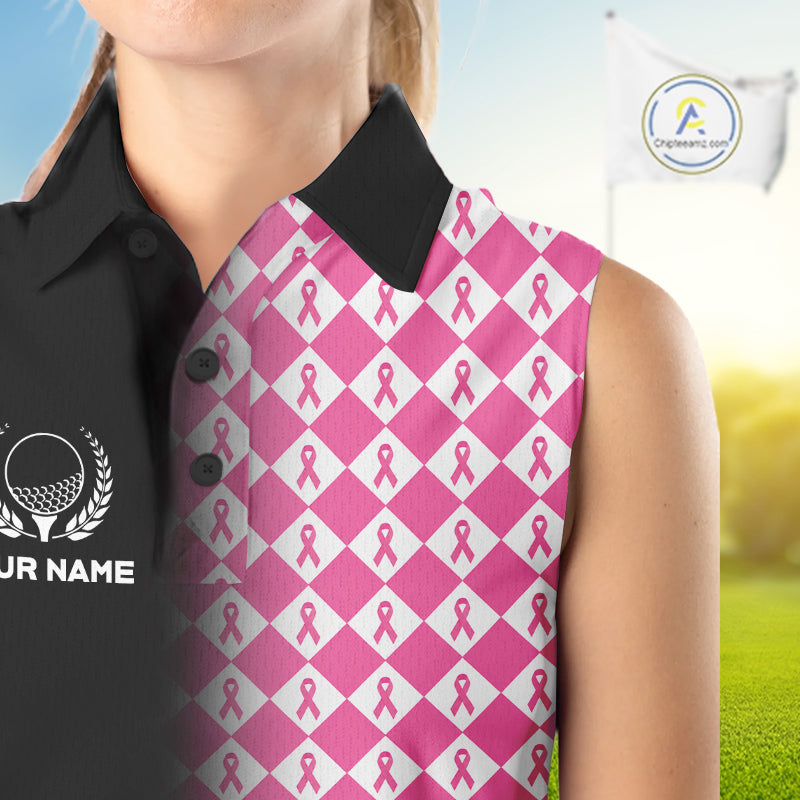Custom Black & Pink Ribbon Argyle Pattern Golf Sleeveless Polo Shirt For Women Breast Cancer Golf Team Shirt NYN4225