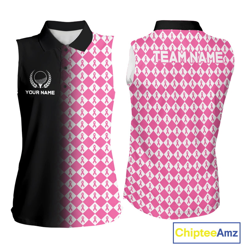 Custom Black & Pink Ribbon Argyle Pattern Golf Sleeveless Polo Shirt For Women Breast Cancer Golf Team Shirt NYN4225