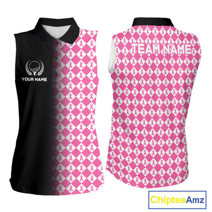 Custom Black & Pink Ribbon Argyle Pattern Golf Sleeveless Polo Shirt For Women Breast Cancer Golf Team Shirt NYN4225