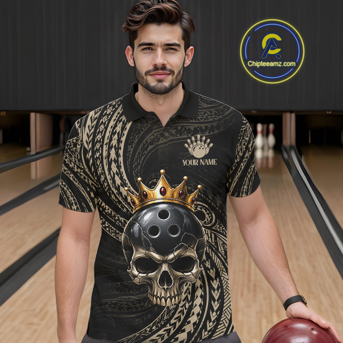 Beige Tribal Skull Bowling Ball Shirts For Men Custom Gold Crown Skull Bowling Team Jersey NYN4612