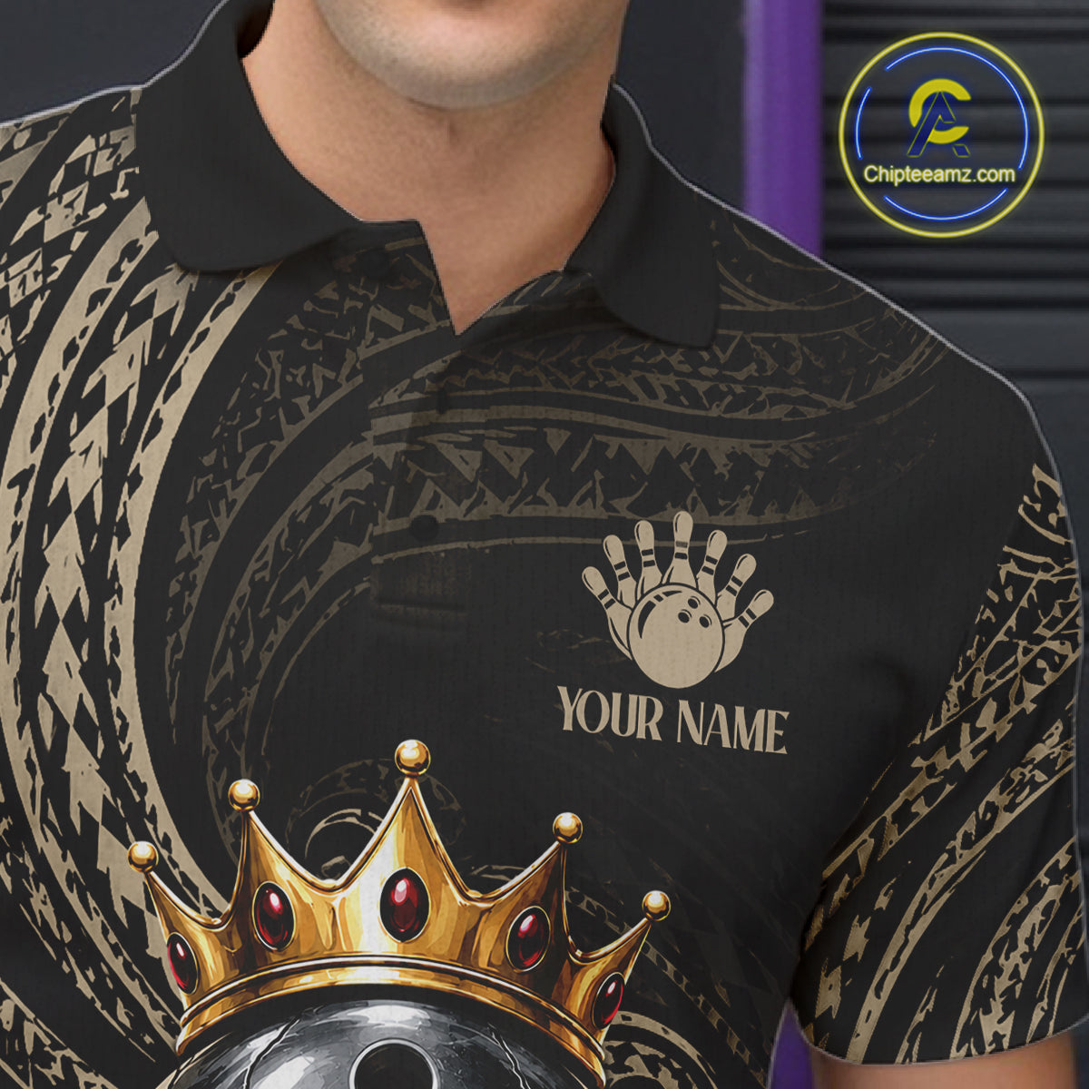 Beige Tribal Skull Bowling Ball Shirts For Men Custom Gold Crown Skull Bowling Team Jersey NYN4612