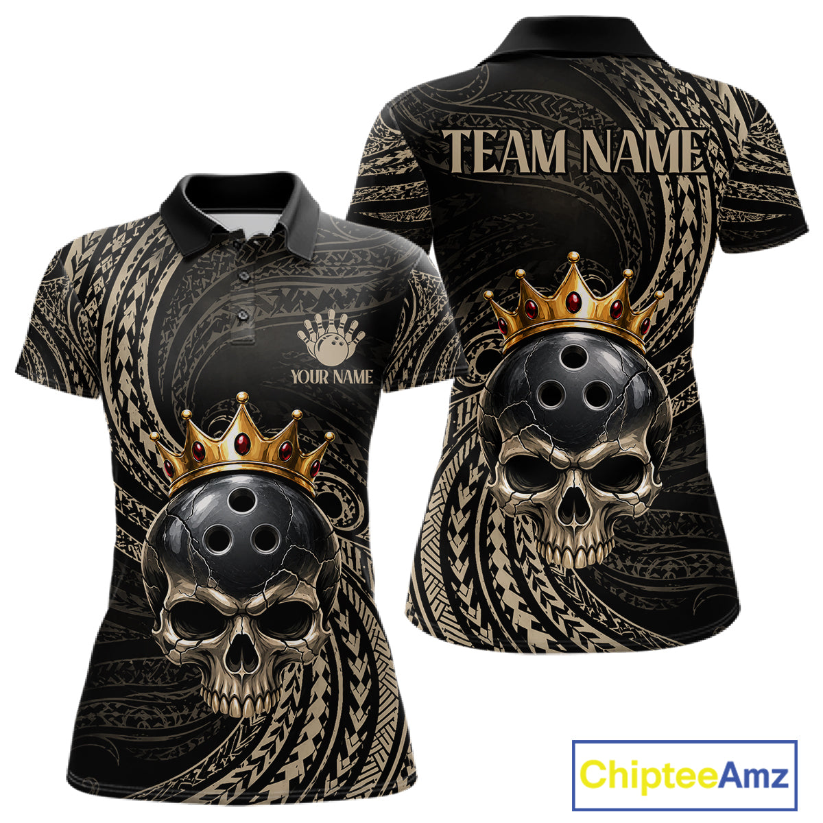Beige Tribal Skull Bowling Ball Shirts For Women Custom Gold Crown Skull Bowling Team Jersey NYN4612