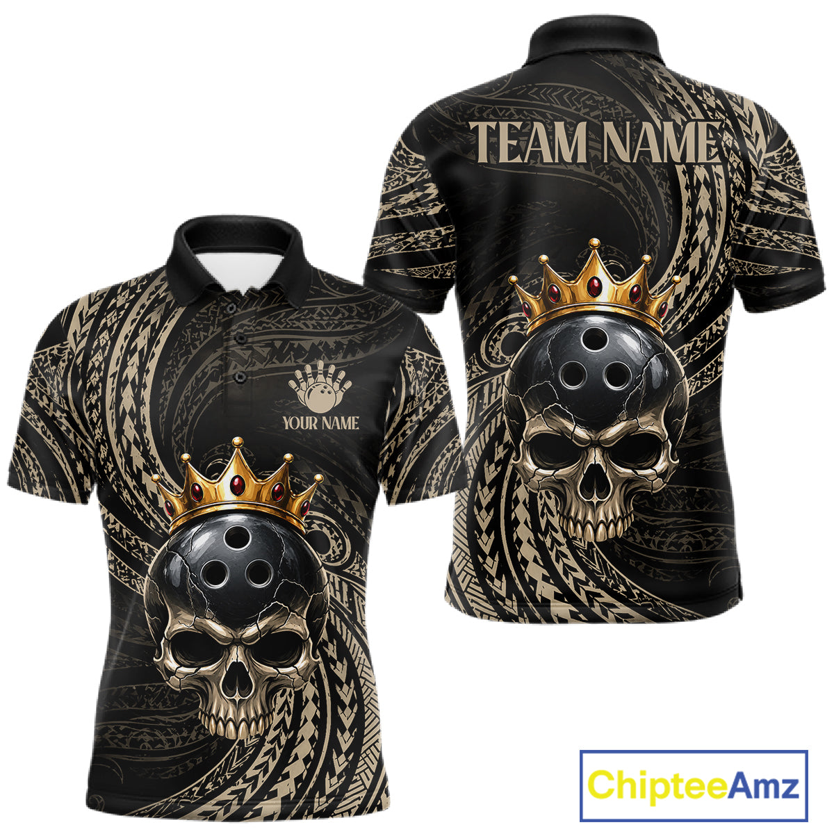 Beige Tribal Skull Bowling Ball Shirts For Men Custom Gold Crown Skull Bowling Team Jersey NYN4612