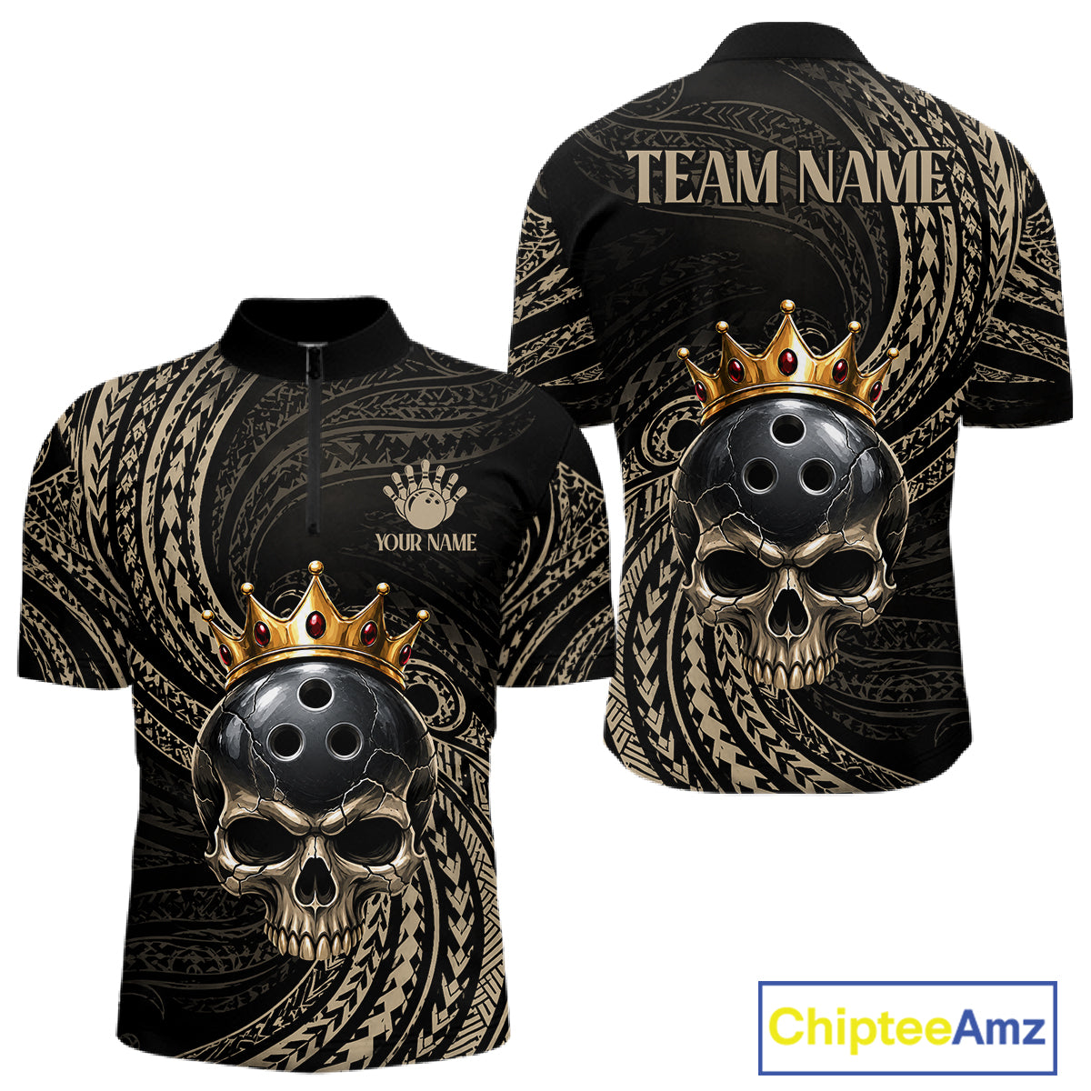 Beige Tribal Skull Bowling Ball Shirts For Men Custom Gold Crown Skull Bowling Team Jersey NYN4612