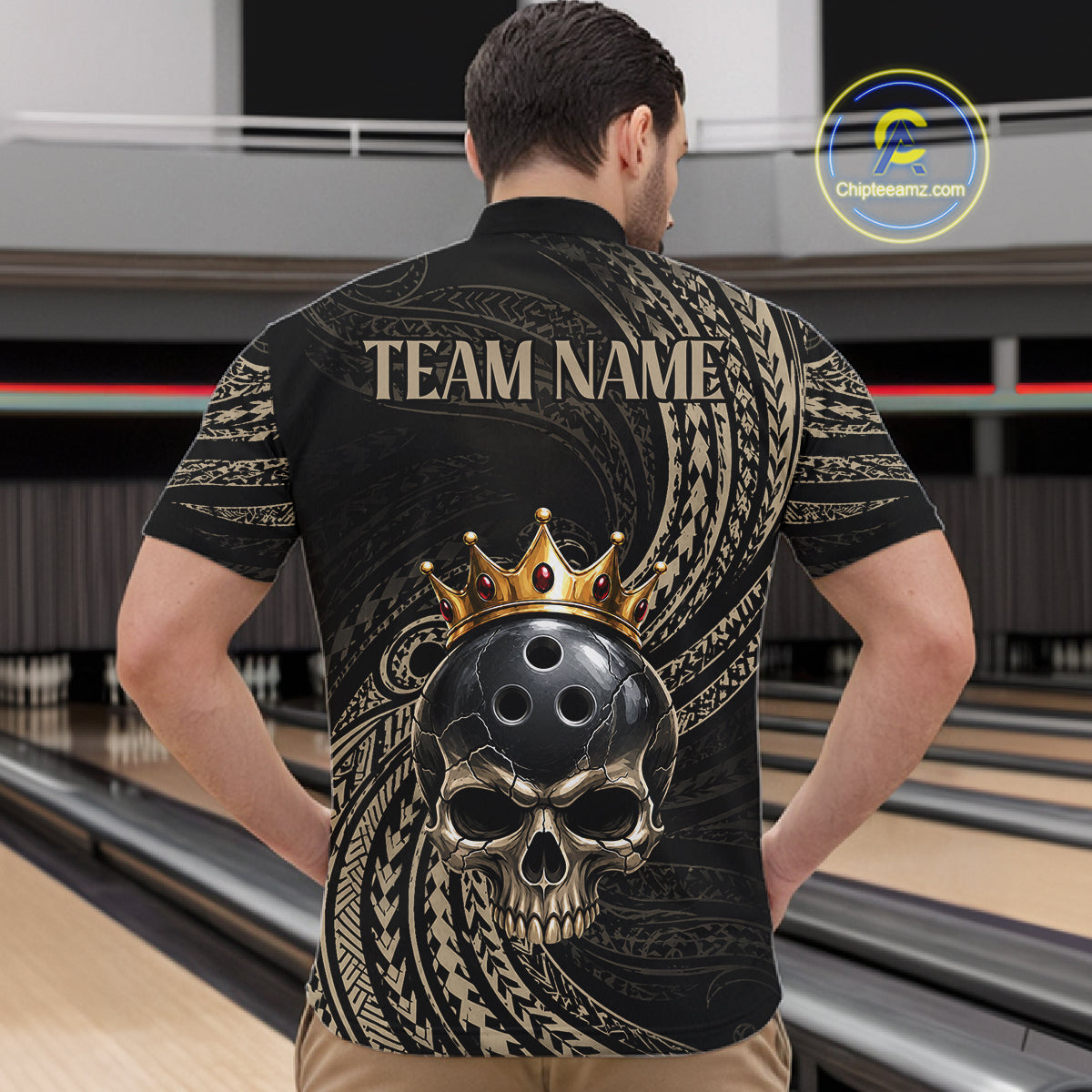 Beige Tribal Skull Bowling Ball Shirts For Men Custom Gold Crown Skull Bowling Team Jersey NYN4612