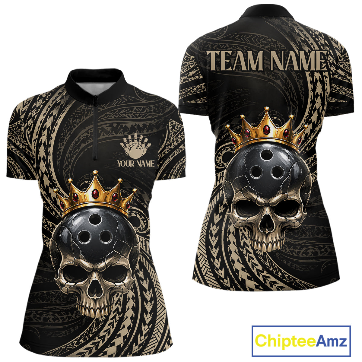 Beige Tribal Skull Bowling Ball Shirts For Women Custom Gold Crown Skull Bowling Team Jersey NYN4612