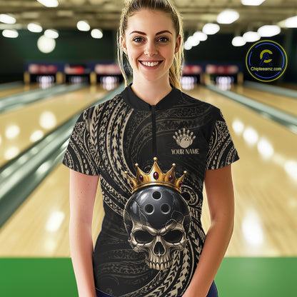 Beige Tribal Skull Bowling Ball Shirts For Women Custom Gold Crown Skull Bowling Team Jersey NYN4612