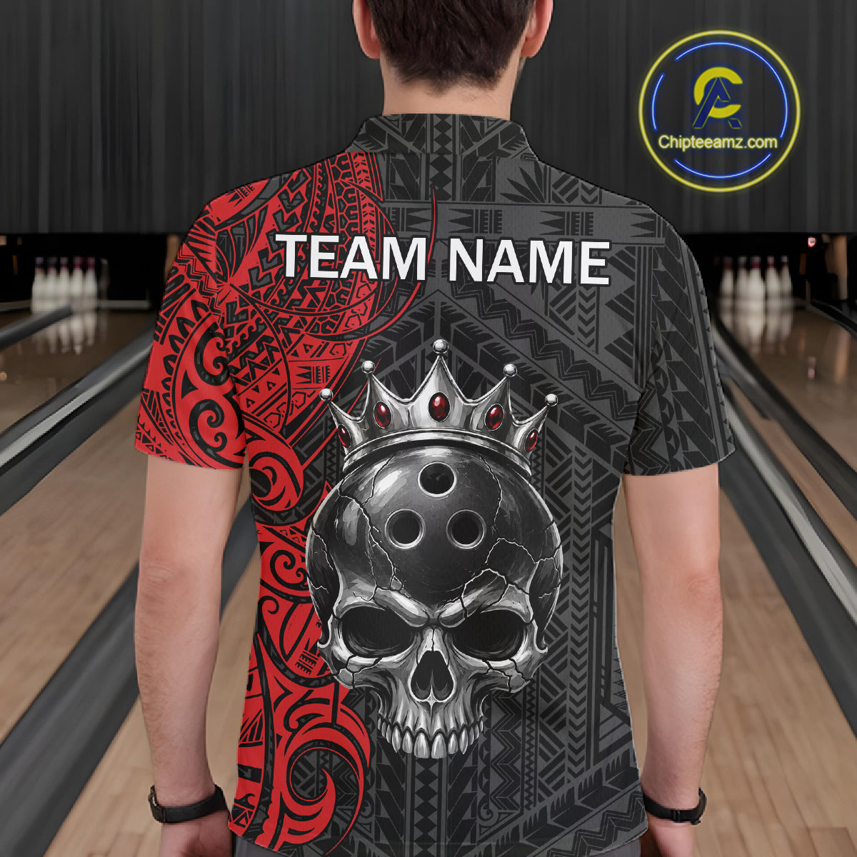 Black And Red Tribal Skull Bowling Ball Shirts For Men Custom Crown Skull Bowling Team Jersey NYN4613