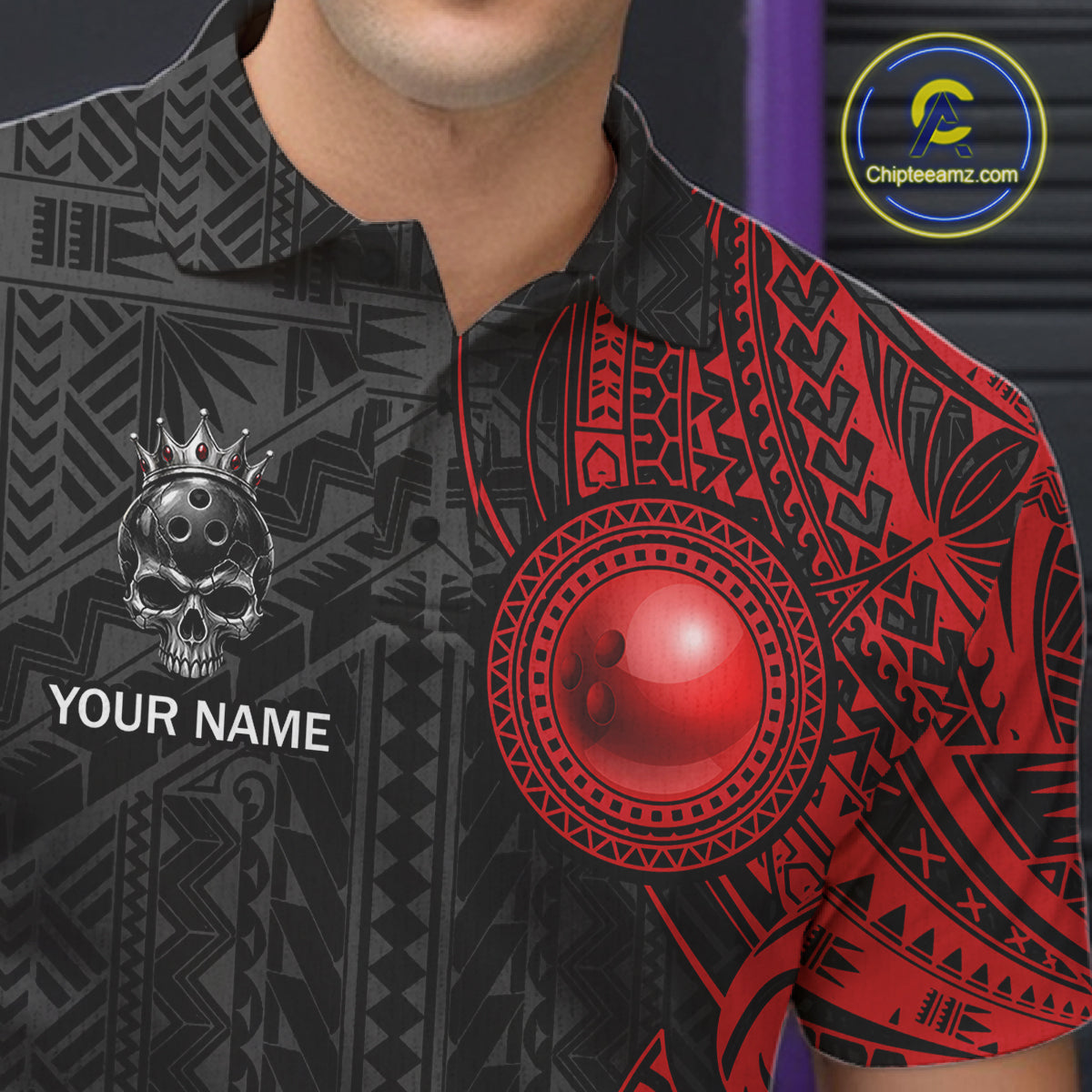 Black And Red Tribal Skull Bowling Ball Shirts For Men Custom Crown Skull Bowling Team Jersey NYN4613