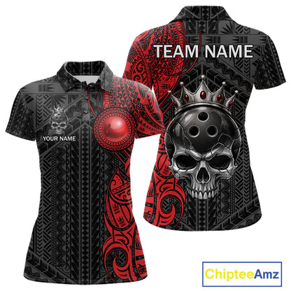 Black And Red Tribal Skull Bowling Ball Shirts For Women Custom Crown Skull Bowling Team Jersey NYN4613
