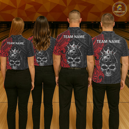Black And Red Tribal Skull Bowling Ball Shirts For Men Custom Crown Skull Bowling Team Jersey NYN4613