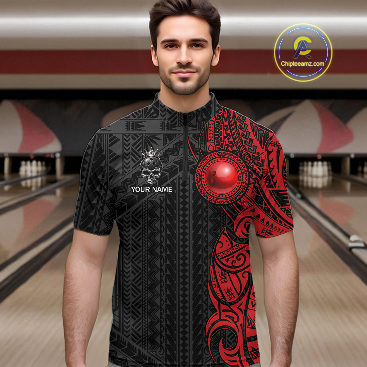 Black And Red Tribal Skull Bowling Ball Shirts For Men Custom Crown Skull Bowling Team Jersey NYN4613