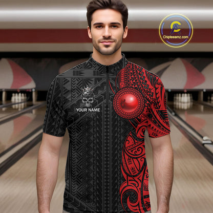 Black And Red Tribal Skull Bowling Ball Shirts For Men Custom Crown Skull Bowling Team Jersey NYN4613