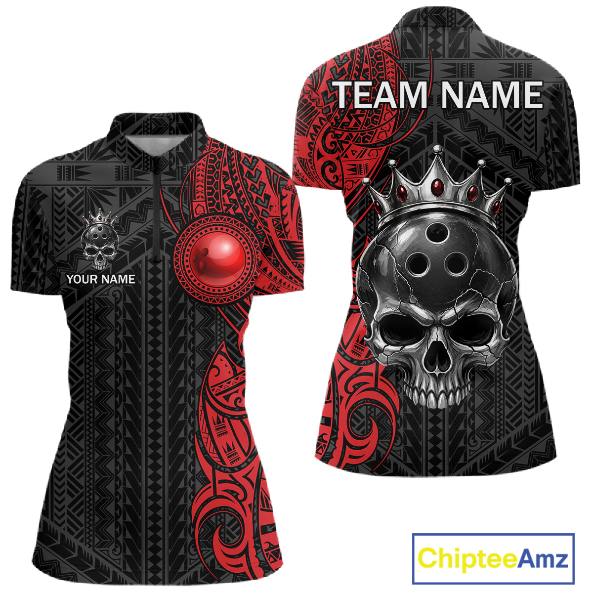 Black And Red Tribal Skull Bowling Ball Shirts For Women Custom Crown Skull Bowling Team Jersey NYN4613