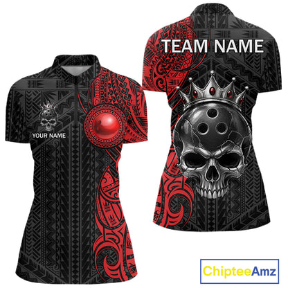 Black And Red Tribal Skull Bowling Ball Shirts For Women Custom Crown Skull Bowling Team Jersey NYN4613