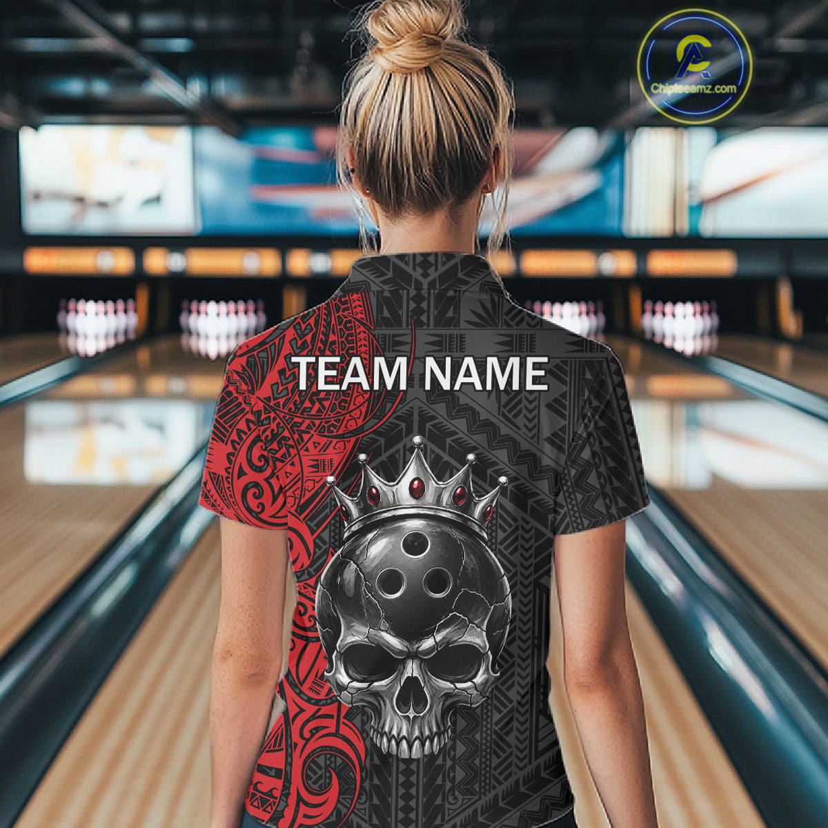 Black And Red Tribal Skull Bowling Ball Shirts For Women Custom Crown Skull Bowling Team Jersey NYN4613