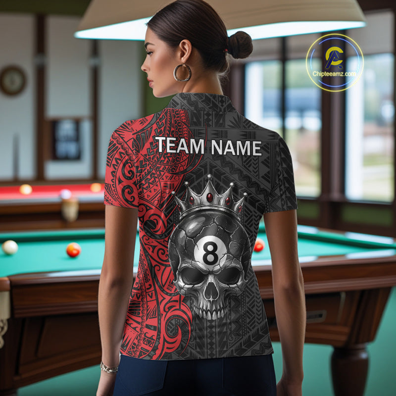 Black And Red Tribal Skull 8 Ball Pool Shirt For Women Custom Crown Skull Billiard Team Jersey NYN4614