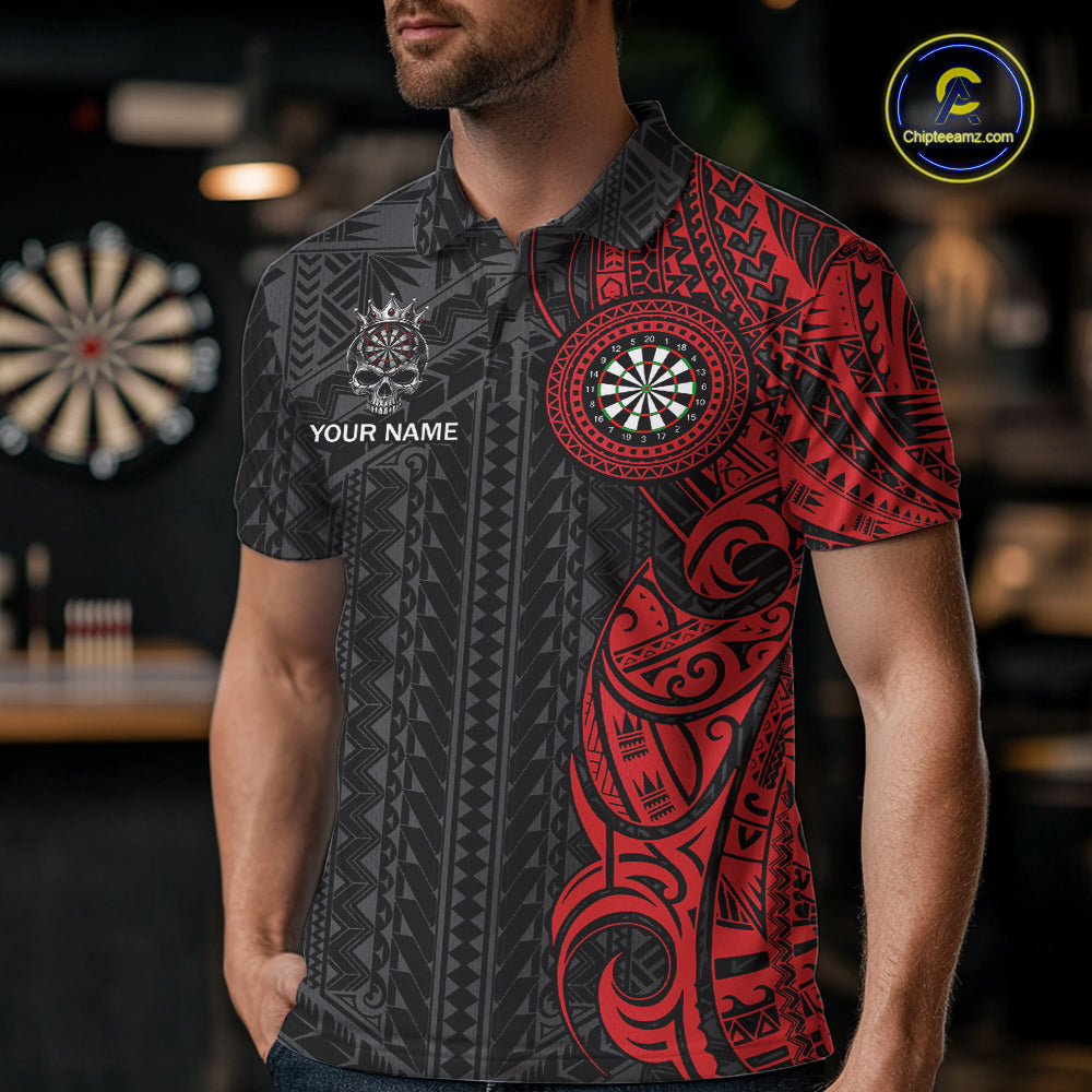Black And Red Tribal Skull Darts Polo 1/4-Zip Shirt For Men Custom Crown Skull Darts Team Jersey NYN4615