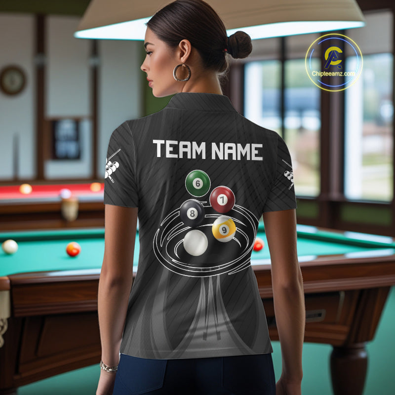 8-Ball & 9-Ball Pool Billiard Polo & 1/4-Zip Shirt For Women Custom Black Pool Billiard Team Attire NYN4622