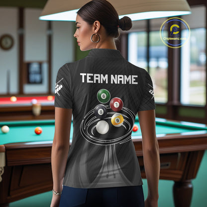 8-Ball & 9-Ball Pool Billiard Polo & 1/4-Zip Shirt For Women Custom Black Pool Billiard Team Attire NYN4622
