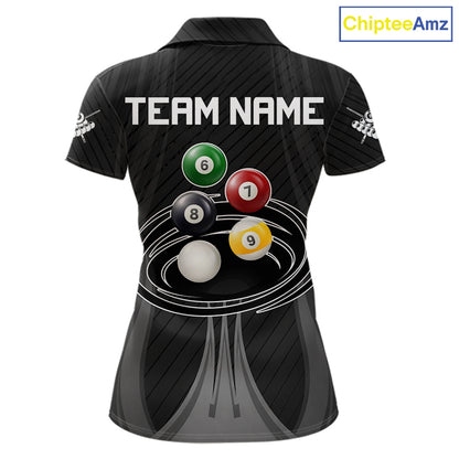 8-Ball & 9-Ball Pool Billiard Polo & 1/4-Zip Shirt For Women Custom Black Pool Billiard Team Attire NYN4622