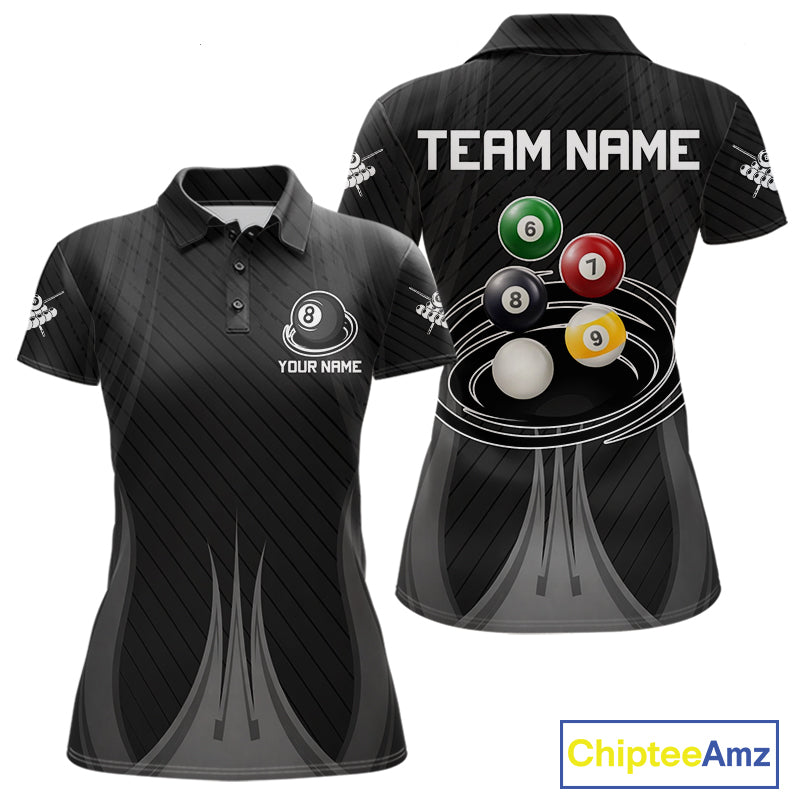 8-Ball & 9-Ball Pool Billiard Polo & 1/4-Zip Shirt For Women Custom Black Pool Billiard Team Attire NYN4622