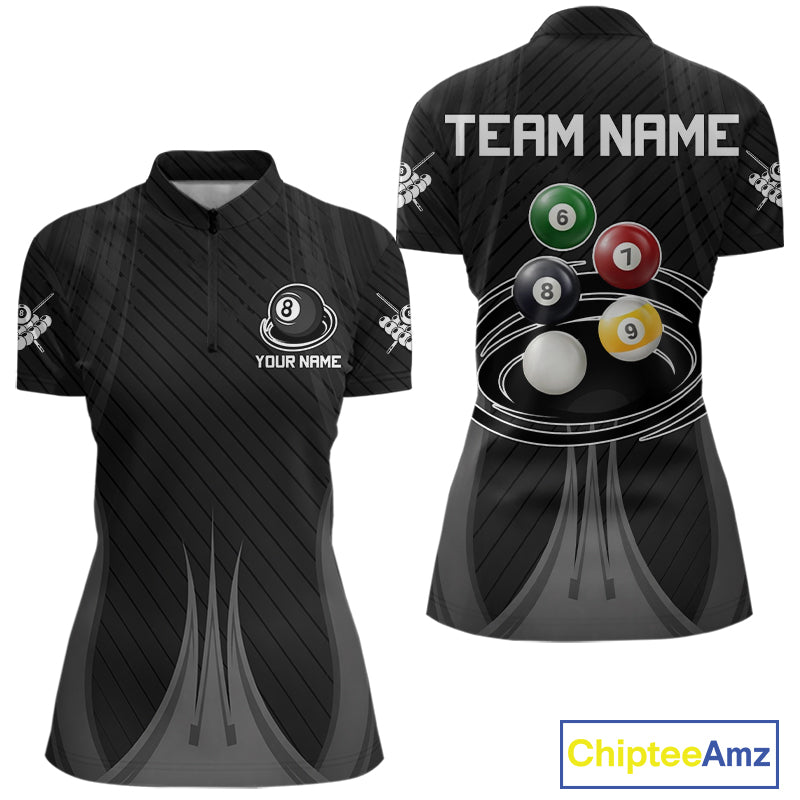 8-Ball & 9-Ball Pool Billiard Polo & 1/4-Zip Shirt For Women Custom Black Pool Billiard Team Attire NYN4622