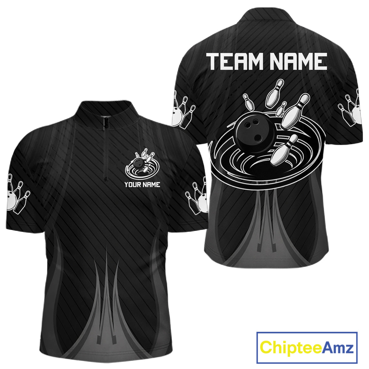 Black And White Bowling Polo & Quarter-Zip Shirt For Men Personalized Bowling Team Attire NYN4623