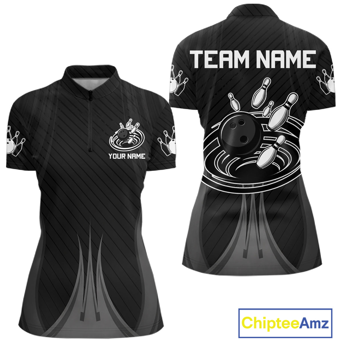 Black And White Bowling Polo & Quarter-Zip Shirt For Women Personalized Bowling Team Attire NYN4623