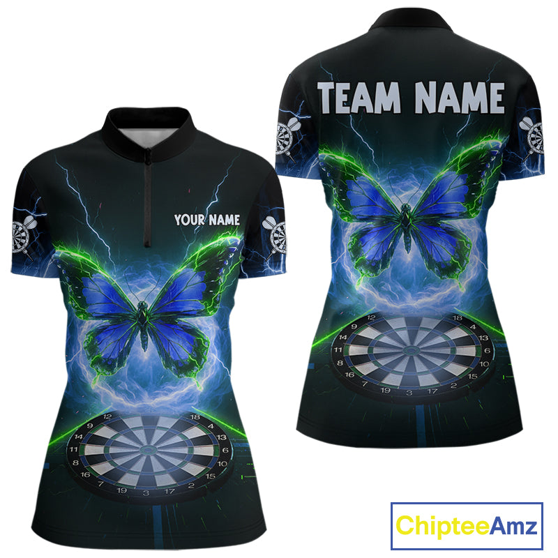 Lightning Butterfly Dartboard Custom Blue & Green Women Quarter-Zip Dart Shirt Funny Dart Jerseys NYN1761