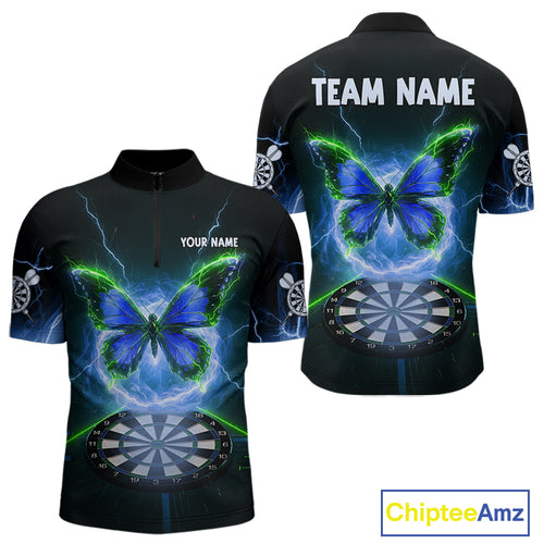 Lightning Butterfly Dartboard Custom Blue & Green Mens Quarter-Zip Dart Shirt Funny Dart Jerseys NYN1761