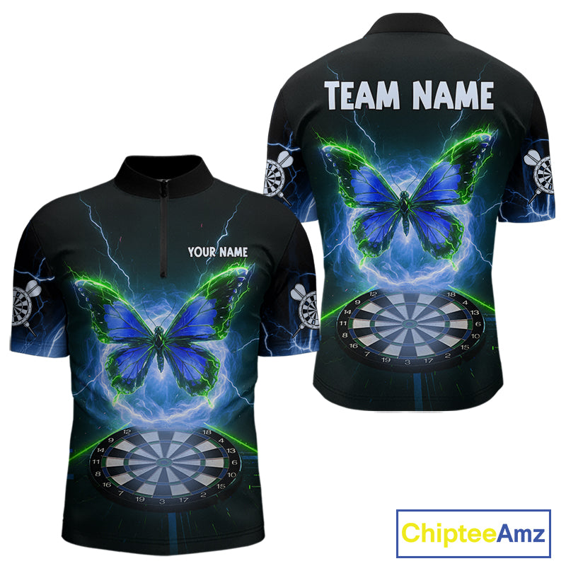 Lightning Butterfly Dartboard Custom Blue & Green Mens Quarter-Zip Dart Shirt Funny Dart Jerseys NYN1761