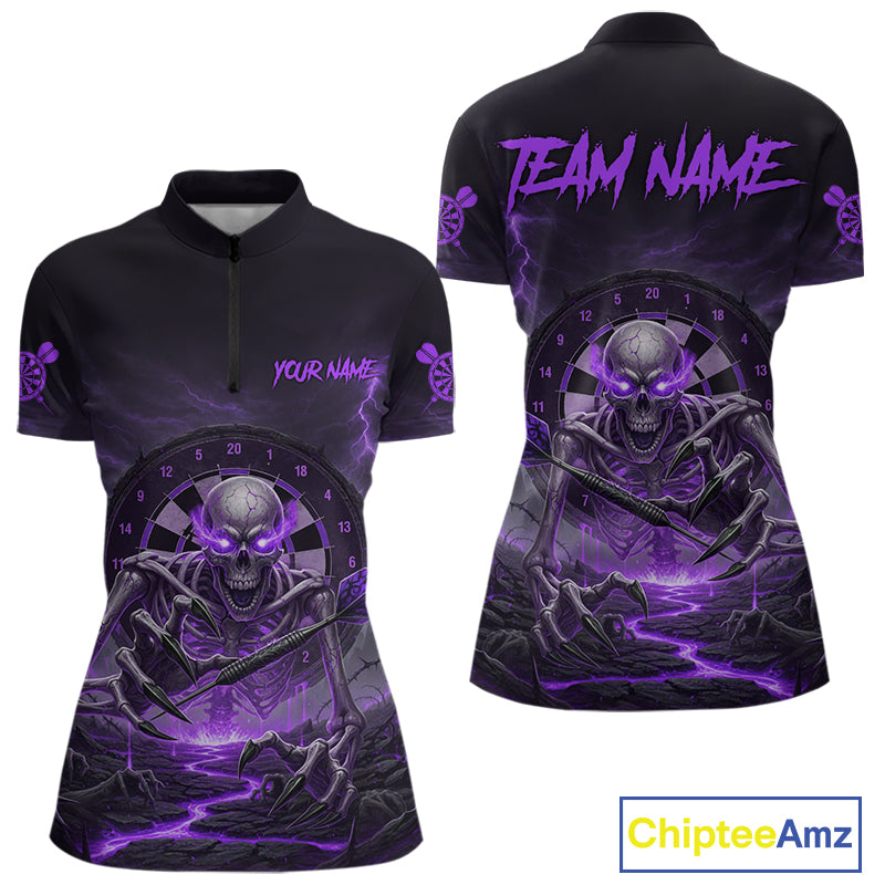 Lightning Purple Skeleton Dartboard Custom Women Quarter-Zip Dart Shirt Gifts For Dart Players NYN1765