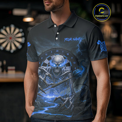 Lightning Blue Skeleton Dartboard Custom Mens Polo Dart Shirt Gifts For Dart Players NYN1766