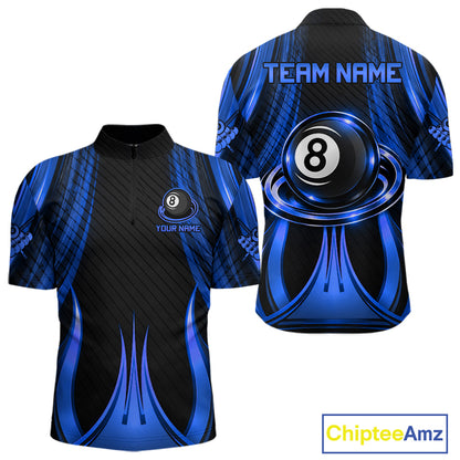 Blue 8 Ball Pool Billiard Polo & Quarter-Zip Shirt For Men Personalized Ball Billiard Team Attire NYN4971
