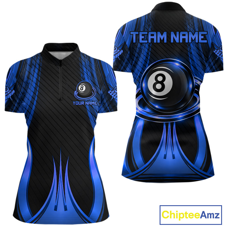 Blue 8 Ball Pool Billiard Polo & Quarter-Zip Shirt For Women Personalized Ball Billiard Team Attire NYN4971