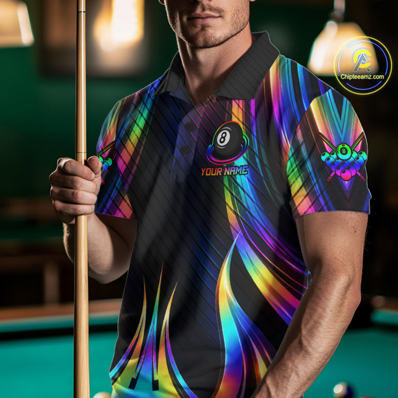 Holographic 8 Ball Pool Billiard Polo & Quarter-Zip Shirt For Men Custom Rainbow Billiard Team Attire NYN4973