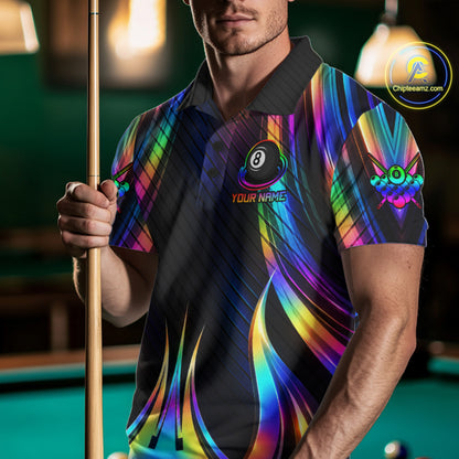 Holographic 8 Ball Pool Billiard Polo & Quarter-Zip Shirt For Men Custom Rainbow Billiard Team Attire NYN4973