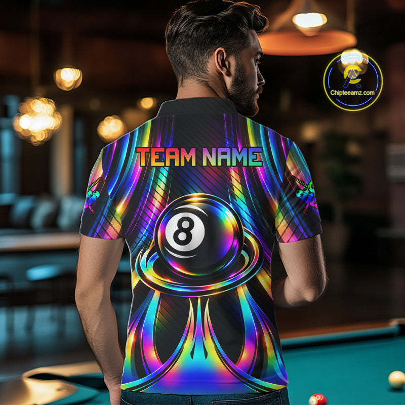 Holographic 8 Ball Pool Billiard Polo & Quarter-Zip Shirt For Men Custom Rainbow Billiard Team Attire NYN4973