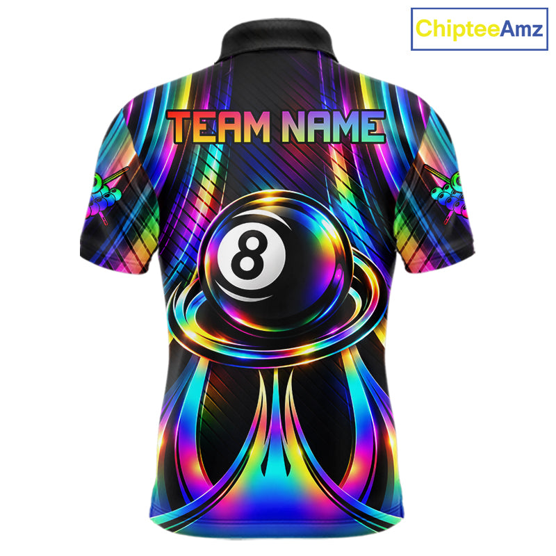 Holographic 8 Ball Pool Billiard Polo & Quarter-Zip Shirt For Men Custom Rainbow Billiard Team Attire NYN4973