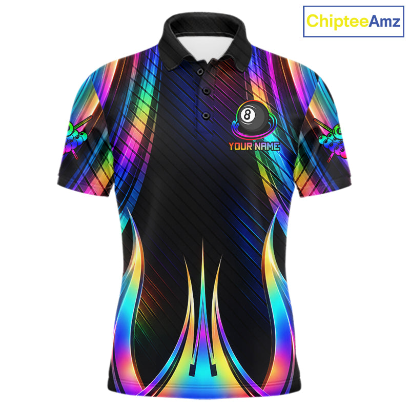 Holographic 8 Ball Pool Billiard Polo & Quarter-Zip Shirt For Men Custom Rainbow Billiard Team Attire NYN4973