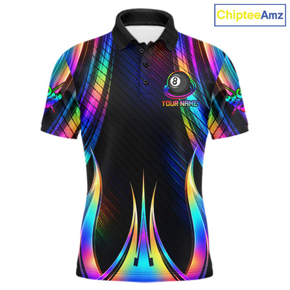 Holographic 8 Ball Pool Billiard Polo & Quarter-Zip Shirt For Men Custom Rainbow Billiard Team Attire NYN4973