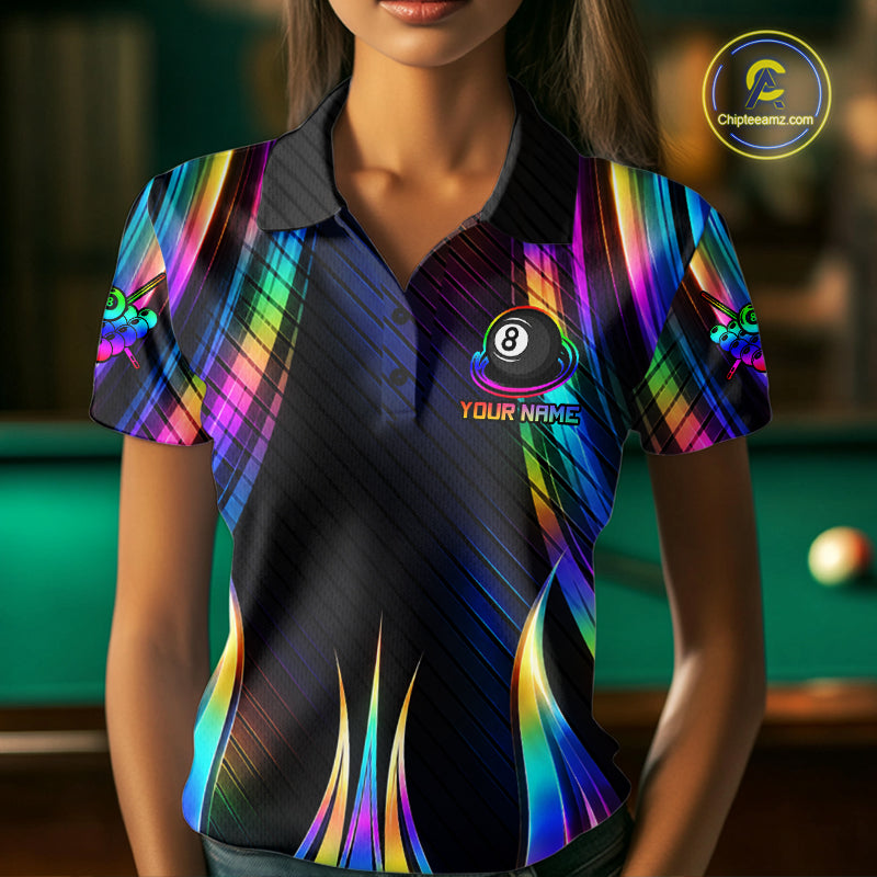 Holographic 8 Ball Pool Billiard Polo & Quarter-Zip Shirt For Women Custom Rainbow Billiard Team Attire NYN4973