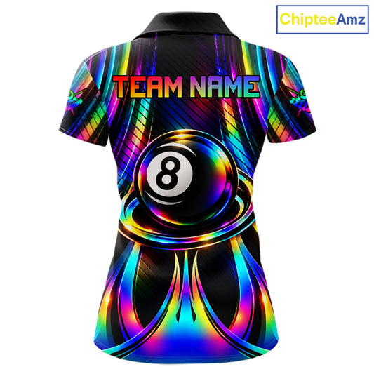 Holographic 8 Ball Pool Billiard Polo & Quarter-Zip Shirt For Women Custom Rainbow Billiard Team Attire NYN4973